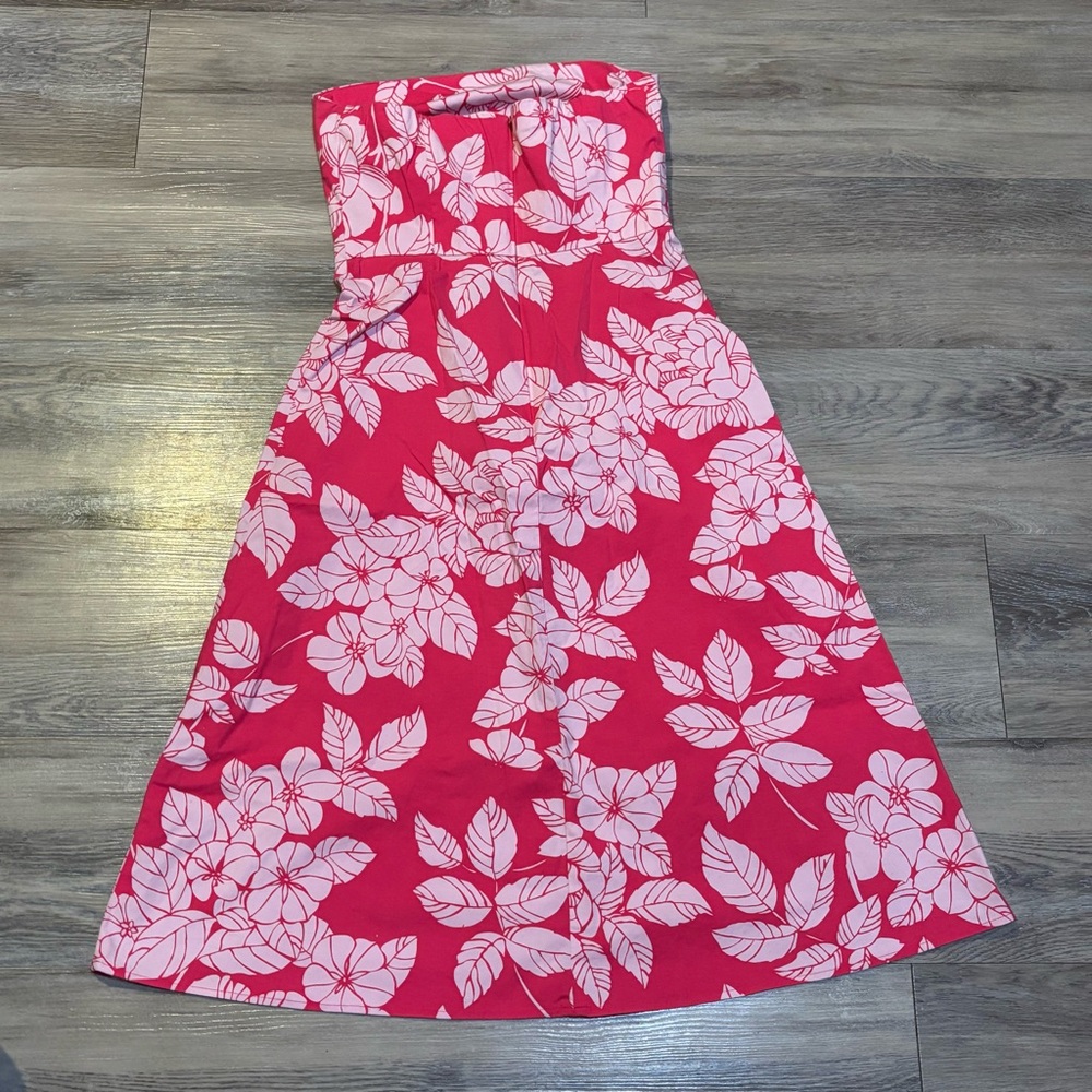 Vintage 90’s Express tropical Hawaiian print cotton stretch strapless Dress 4